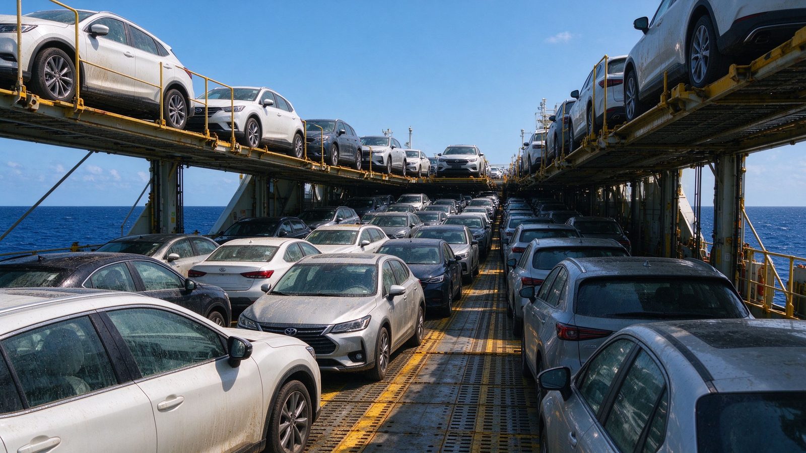 Cars loaded on a roll-on roll-off carrier ship